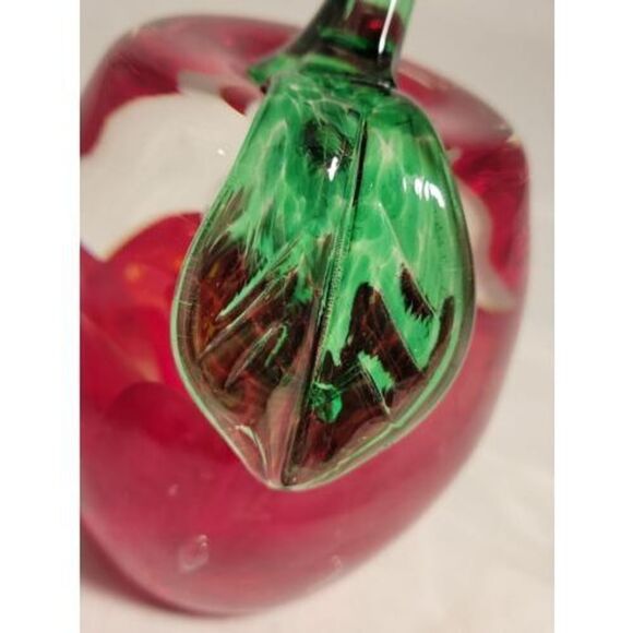 Joe Rice Art Glass Paperweight Red Apple Windowed Clear Glass w/ red floral NICE - Picture 7 of 16